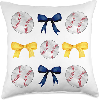 Baseballs & Dark Blue Yellow Bows Tee Ball Mom School Pride Throw Pillow