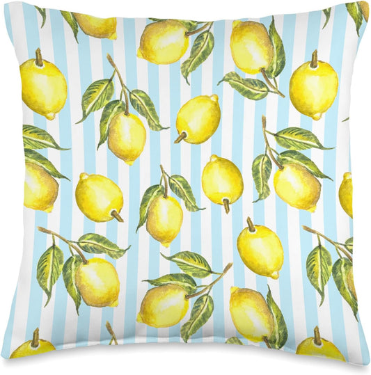 Watercolor Lemon Stripe Citrus Fruit Blue Yellow Summer Throw Pillow