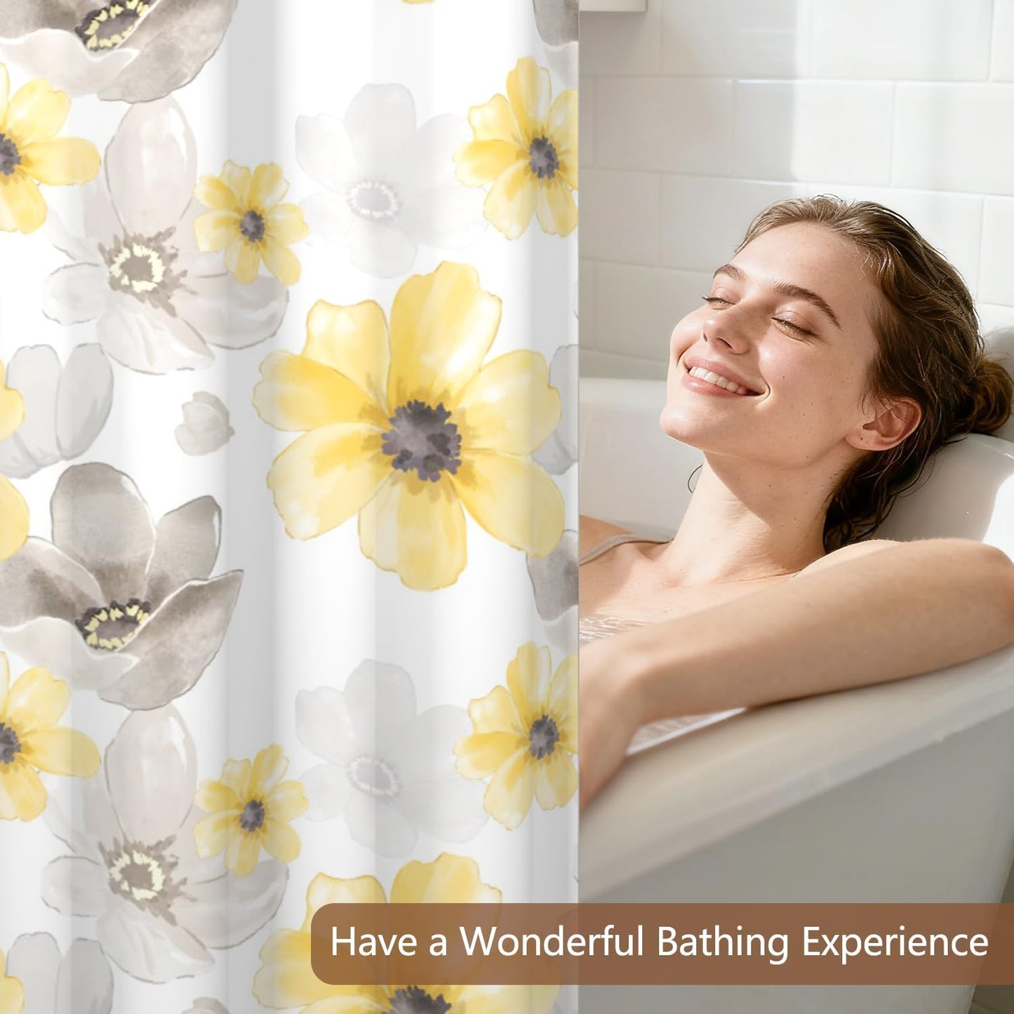 Yellow Gray Floral Shower Curtain with Snap in Liner, Waterproof Fabric No Hook Shower Curtain with See Through Window and Weighted Hem, Watercolor Flower Farmhouse Bathroom Curtains, 71x74 Inch