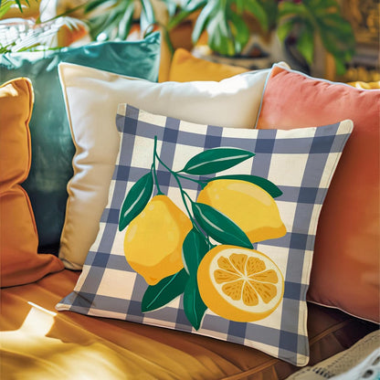 Fahrendom Lemon Decorative Throw Pillow Covers 18 x 18 Set of 4, Yellow Green Citrus Fruit Porch Patio Outdoor Pillowcase, Summer Buffalo Plaid Stripes Farmhouse Sofa Couch Cushion Case Home Decor