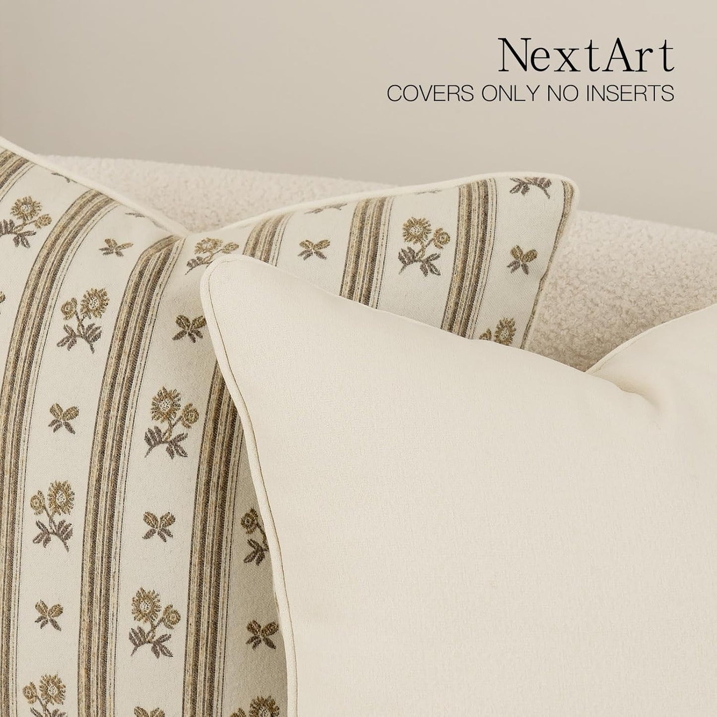 NextArt Floral Striped Pillow Covers, 20x20 Vintage Farmhouse Pillows Covers Set of 2, Vintage Floral Throw Pillows Golden Yellow, Block Print Pillow Cover with Durable Double-Sided Jacquard