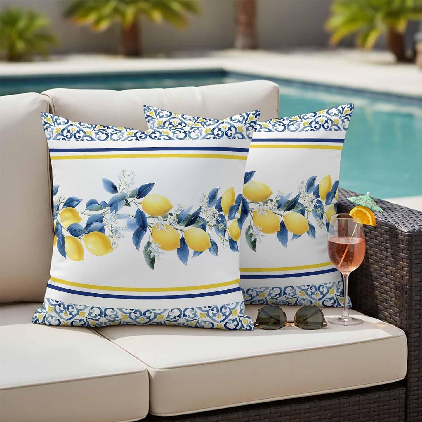 Summer Lemon Outdoor Pillow Covers Pack of 2 Lemon Flower Mediterranean Waterproof Garden Farmhouse Cushion Cases Decorative for Patio Furniture Balcony Couch Sofa 20 x 20 Inch