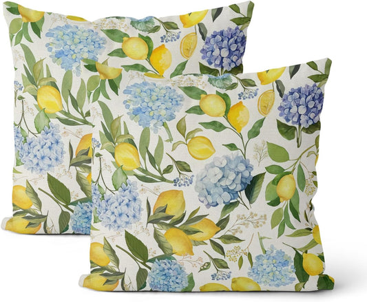 Blue Yellow Pillow Covers 16x16 Inch 2 Pcs Blue Hydrangea Floral Decor Throw Pillows Vintage Lemon Flower Seasonal Summer Outdoor Decoration Pillowcase Linen Cushion Cover for Couch Sofa