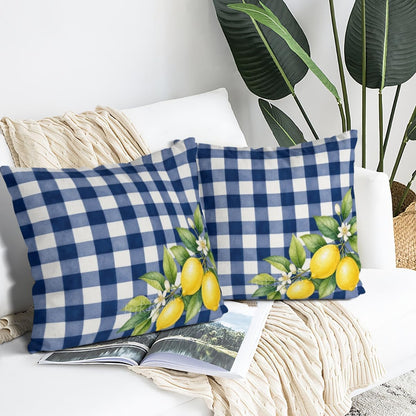 InkRain Lemon Fruit Blue White Gingham Check Grid Pattern Theme Pillow Cover 16x16 Inch Set of 2 Home Decor Summer Spring Kitchen Living House Room Sofa Decorative
