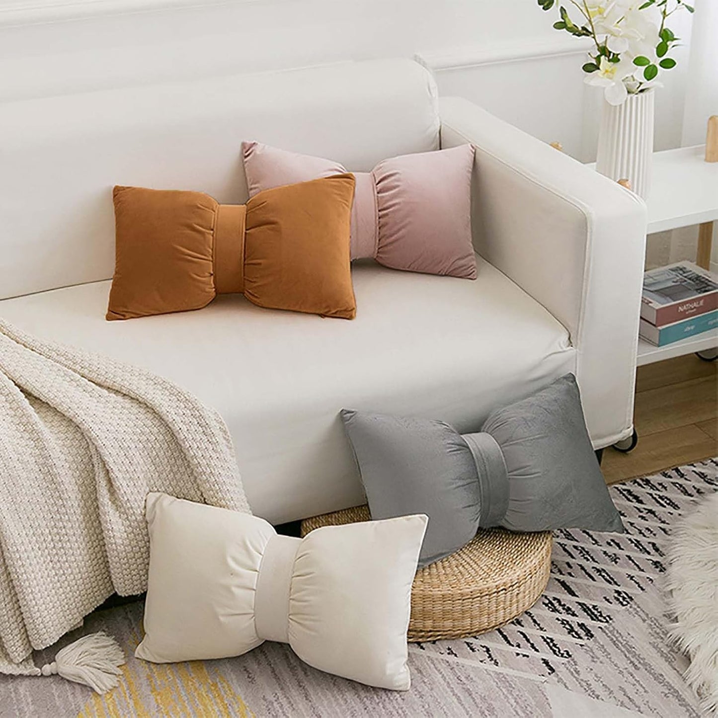 Bow Pillow Throw Velvet Bow Shaped Removable Cover Soft Lumbar Pillow Decorative Throw for Living Room Couch Bed Sofa Car Decoration,Yellow