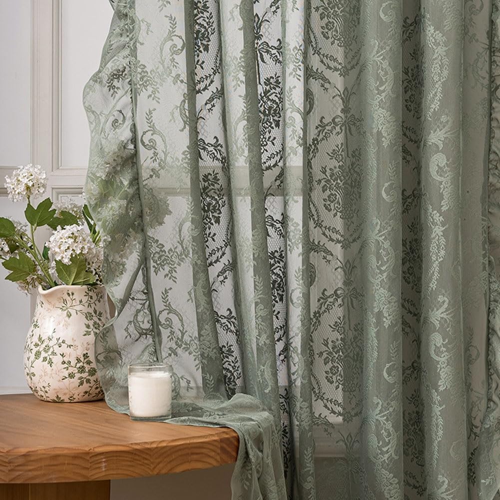 Living Room Lace Curtains 63/79/102 inch Long, 2 Panels Rustic Floral Vintage Sheer Window Curtains with Ruffle Rod Pocket for Balcony Bedroom(Yellow,140x160cm/55x63inch)