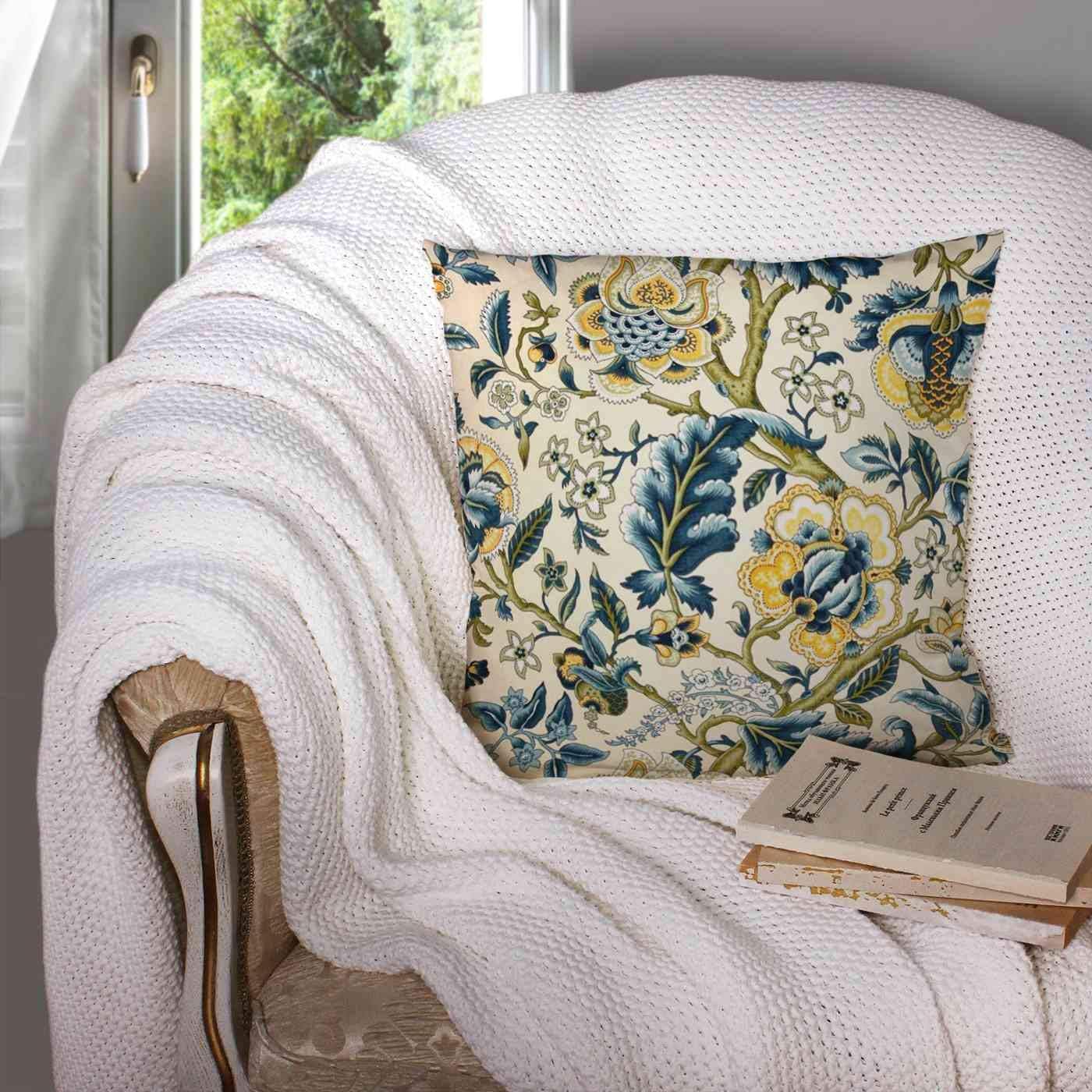 Good, Zippered Pillowcases 20X20Inch Throw Pillow Covers Floral Jacquard Print Blue Yellow hues for Home Sofa Bedding