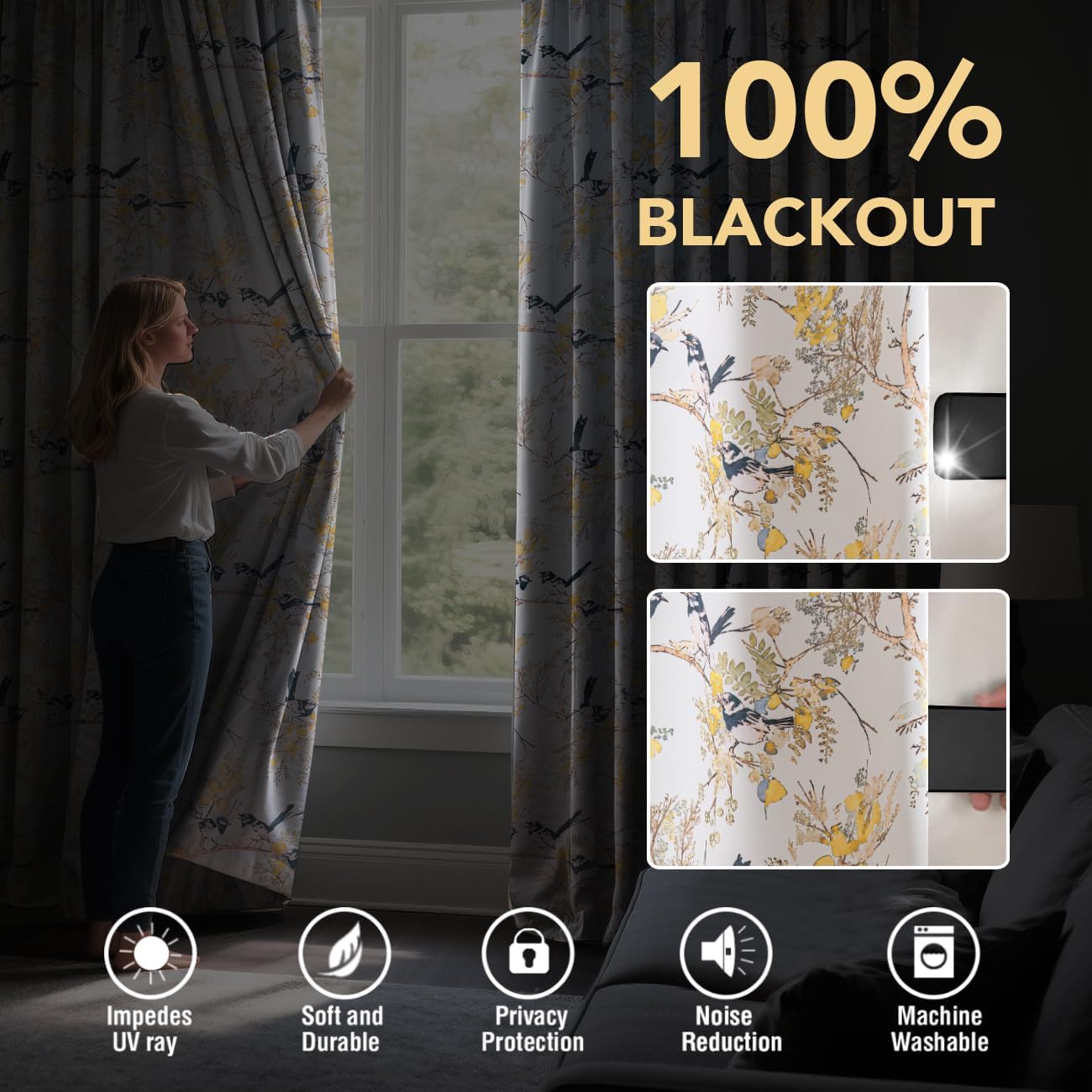 H.VERSAILTEX Floral 100% Blackout Curtains 63 inch Length 2 Panels Vintage Curtain Drapes Light Blocking Grommet Patterned Thermal Insulated Yellow Flower Curtains for Living Room, Mustard/Black