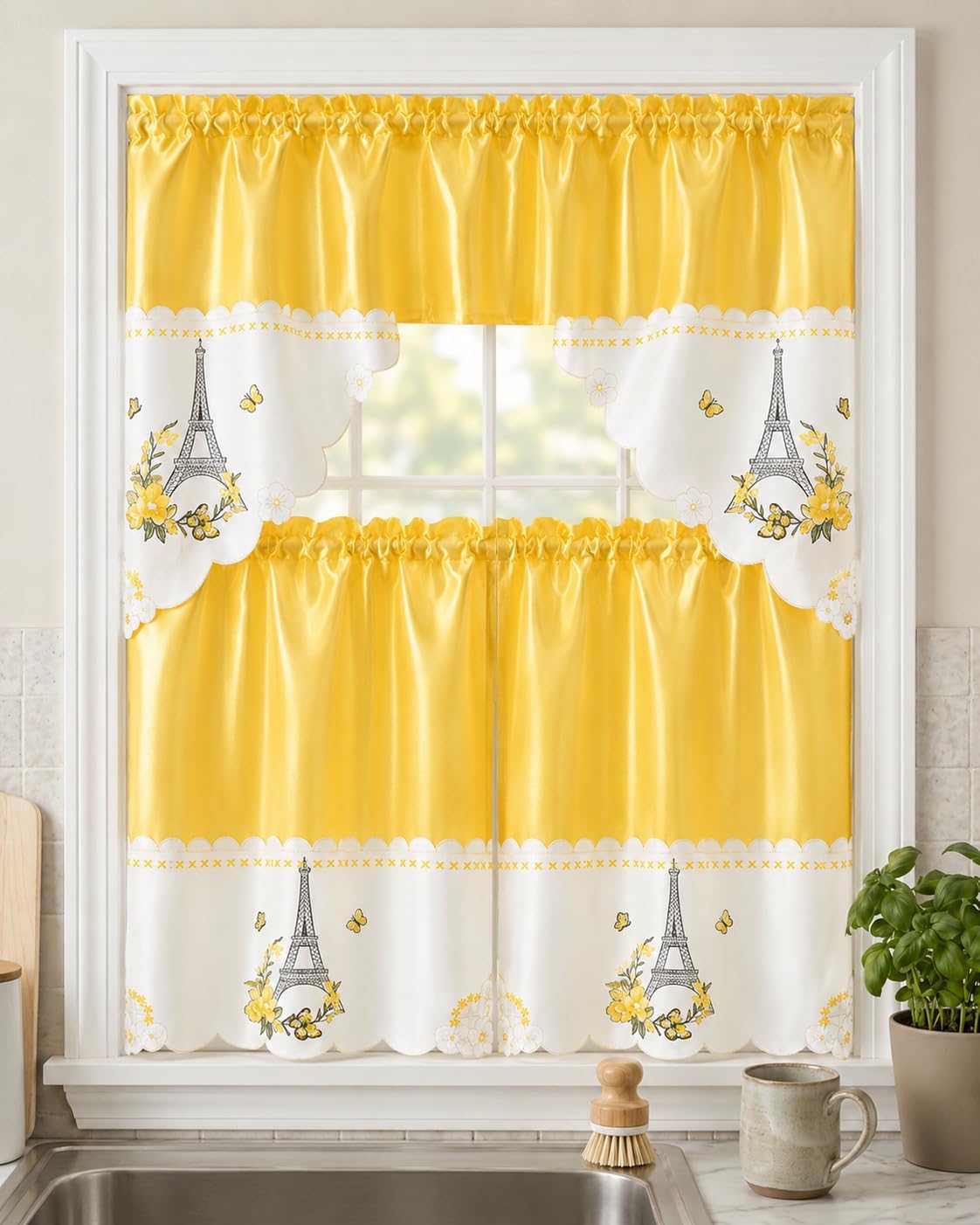 American Linen Eiffel Tower Embroidered Window Curtain Set, Yellow | 3 Piece, Paris Kitchen Curtains, Valance and Tiers, French Country Window Treatments