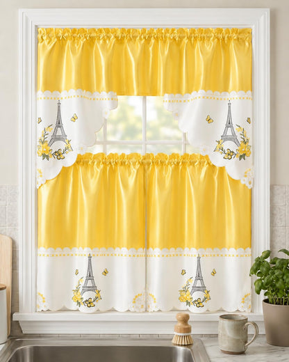 American Linen Eiffel Tower Embroidered Window Curtain Set, Yellow | 3 Piece, Paris Kitchen Curtains, Valance and Tiers, French Country Window Treatments