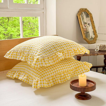 NSNLGSGC Yellow Ruffled Plaid Gingham Pillow Shams 20"x20", Set of 2 Taupe Checked Pre-Washed Microfiber Farmhouse Pillowcases for Bed/Sofa (20"x20", Yellow Gingham)