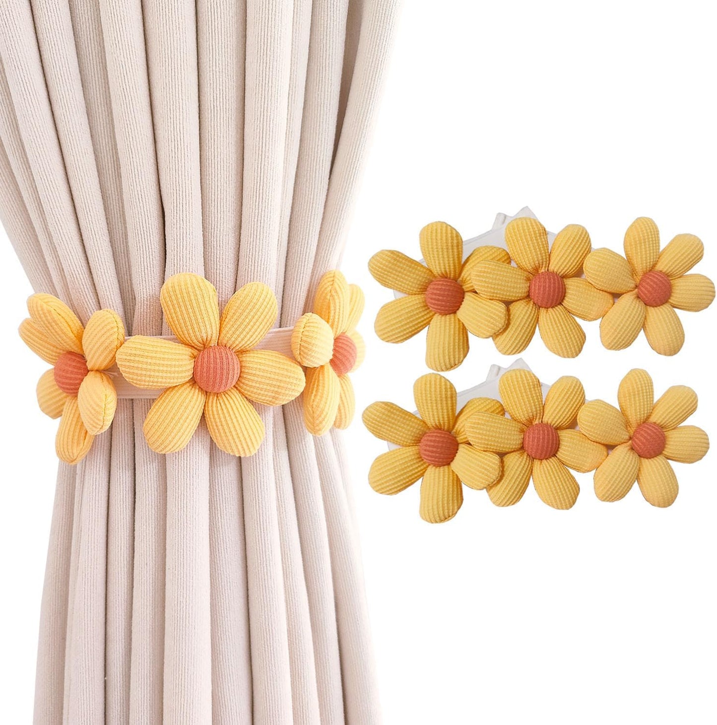 2pcs Curtain Ties Flower Curtain Buckles, Cute Flower Curtain Ties Decorative Rope for Bedroom Window Treatment (Yellow)
