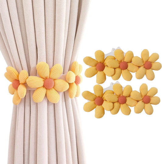 2pcs Curtain Ties Flower Curtain Buckles, Cute Flower Curtain Ties Decorative Rope for Bedroom Window Treatment (Yellow)