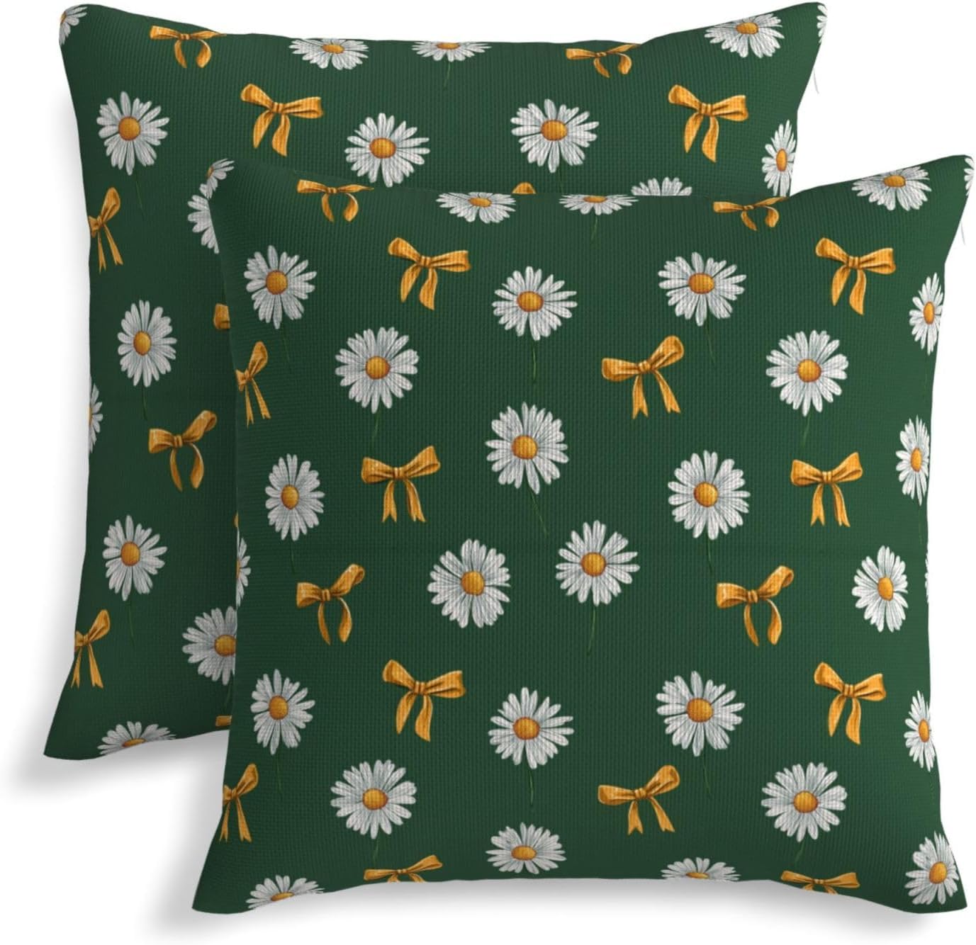 White Daisy Yellow Bows on Green Throw Pillow Covers Decorative 16x16 Pack of 2 Neutral Cushion Covers Farmhouse for Living Room Decor Sofa Bed