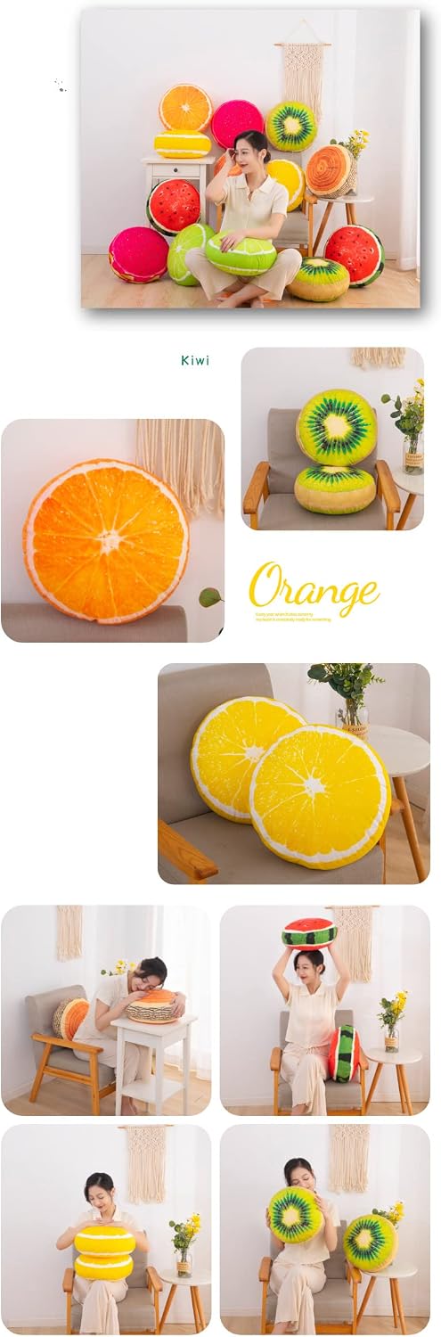 Fruit Pillow Creative Home Sofa Tatami Pillow Watermelon Futon Shaped Round Cushion Pillow(Lemon,35cm)