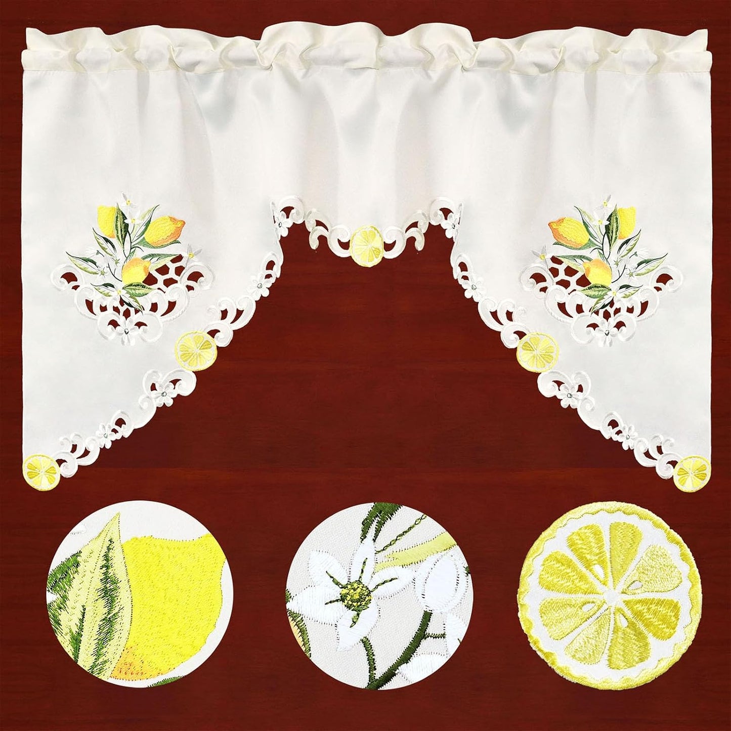 Embroidered Lemon Kitchen Window Curtain Swag and Tiers Set for Spring and Summer (Lemon)