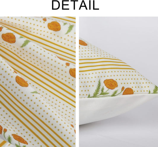Vintage Floral Pillow Cover 18x18 Set of 2, Block Print Marigold Flowers Striped Decorative Canvas Throw Pillow Cushion Cases Farmhouse Decor for Outdoor Couch Bedroom Car Yellow