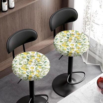 Yellow Lemon Stretch Round Stool Covers with Elastic Bands, Stretchable Anti-Wrinkle Chair Seat Stool Cushion Slipcovers for Home Dining Room Christmas Decor