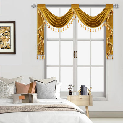 VOGOL Retro Gold Velvet Valances for Bedroom, Thermal Insulated Privacy Waterfall Valance with 2 Swags, Vintage Style Rod Pocket Window Treatments for Living Room, 59 Inches Wide