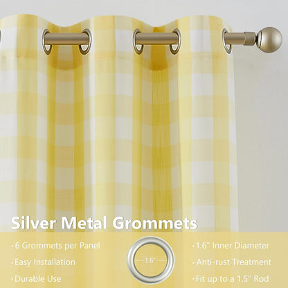 Amzdecor Buffalo Plaid Grommet Curtains 54 Inch Length, Semi-Sheer Gingham Checkered Textured Drapes Rustic Window Treatment for Living Room Bedroom Farmhouse,2 Panels （40" x 54",Yellow & White）