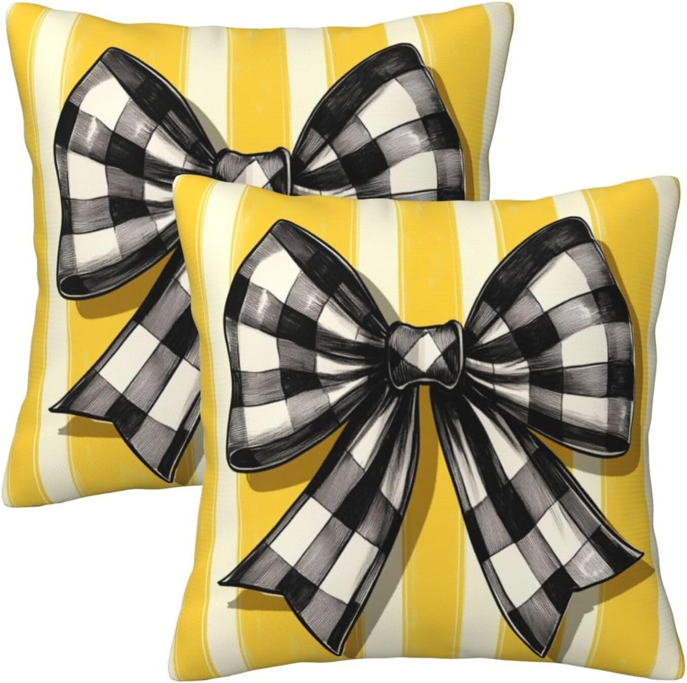 Black White Checkered Bow On Yellow Stripe Throw Pillows Covers, Couch Sofa Pillow Cases,Zipper Bedding Cushion Cases for Living Room,18x18 Inch