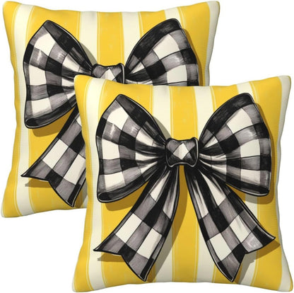 Black White Checkered Bow On Yellow Stripe Throw Pillows Covers, Couch Sofa Pillow Cases,Zipper Bedding Cushion Cases for Living Room,18x18 Inch