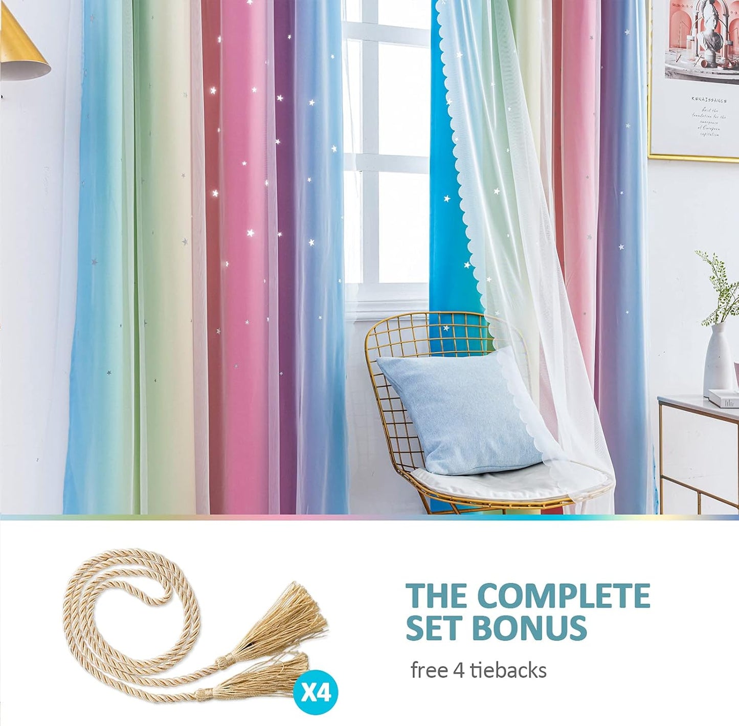 Stiio Rainbow Curtains for Girls Bedroom - 2 Panel Star Curtains with Sheer Double Layer Blackout, 52 x 63 inch Ombre & Yellow Pink