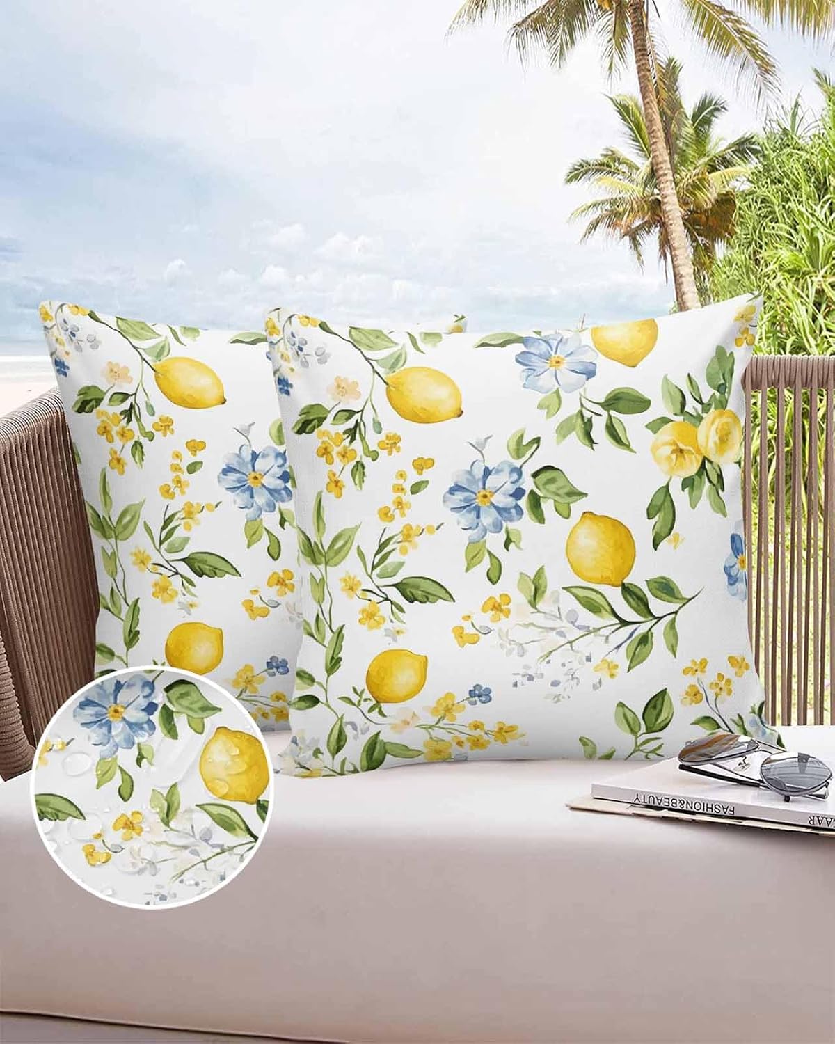 Lemon Outdoor Waterproof Pillow Covers Pack of 2, Summer Yellow Fruit Blue Flowers Leaves Farmhouse Decorative Throw Pillowcases Polyester Cushion Covers for Garden Patio Tent Sofa Couch, 16x16 inch