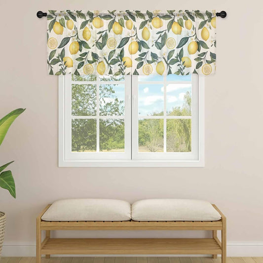 Country Lemon Sheer Curtain 18 Inch Long Fruit Leaf Floral Vintage Beige Background Light Filtering Rod Pocket Voile Curtain Valance for Bedroom Kitchen Cafe Window 54" W x 18" L