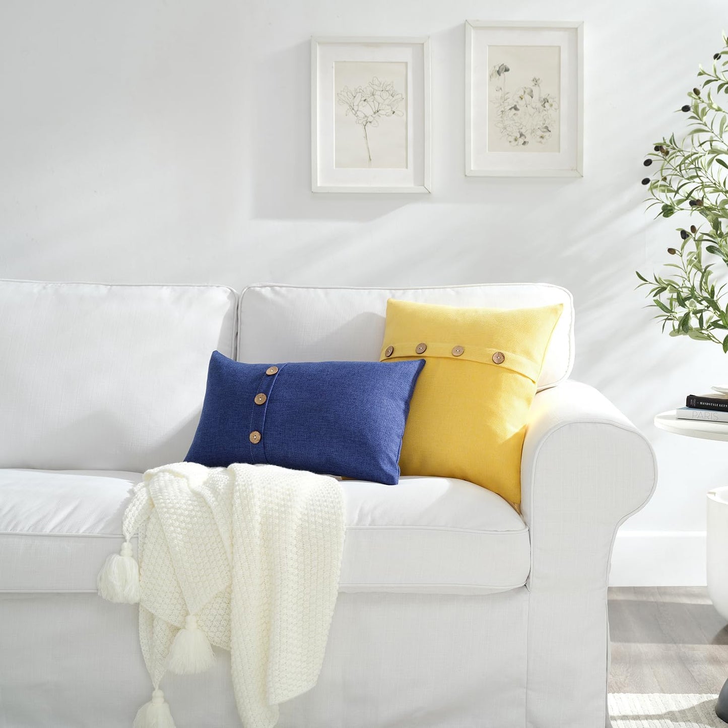 Meekio Set of 2 Lemon Yellow Pillow Covers 16 x 16 Linen Pillow Covers with Coconut Buttons Farmhouse Décor Housewarming Gifts