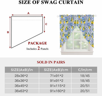 Summer Boho Lemon Swag Valances for Windows Watercolor Yellow Lemon Leaf Blue Floral Plaid Semi Sheer Valance Curtains Voile Swags Topper Curtain for Kitchen Living Room Bedroom, 2 Panels, 36x36 Inch