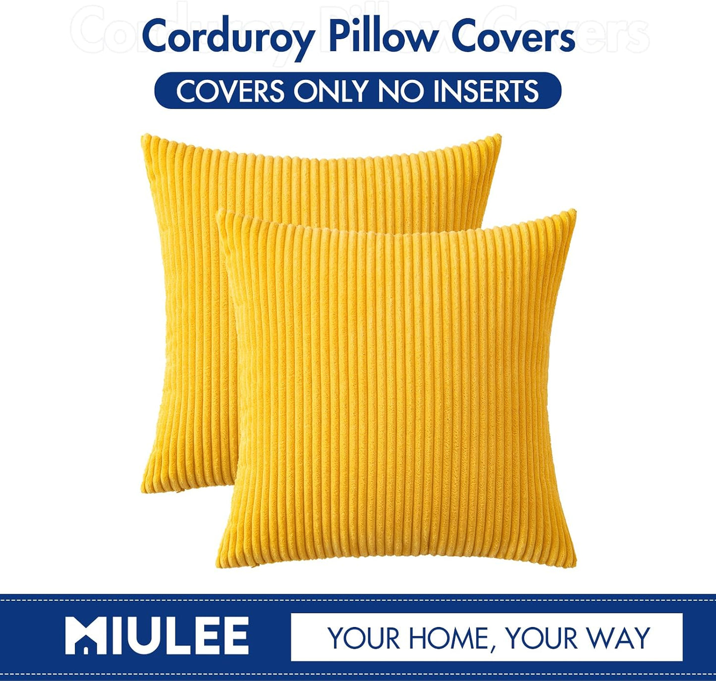 MIULEE Decorative Corduroy Pillow Covers Soft Solid Pack of 2 Cushion Cases Boho Square Throw Pillow Covers Golden Yellow Pillowcases for Couch Chair Sofa Bed Living Room Home Decor 18 x 18 Inch
