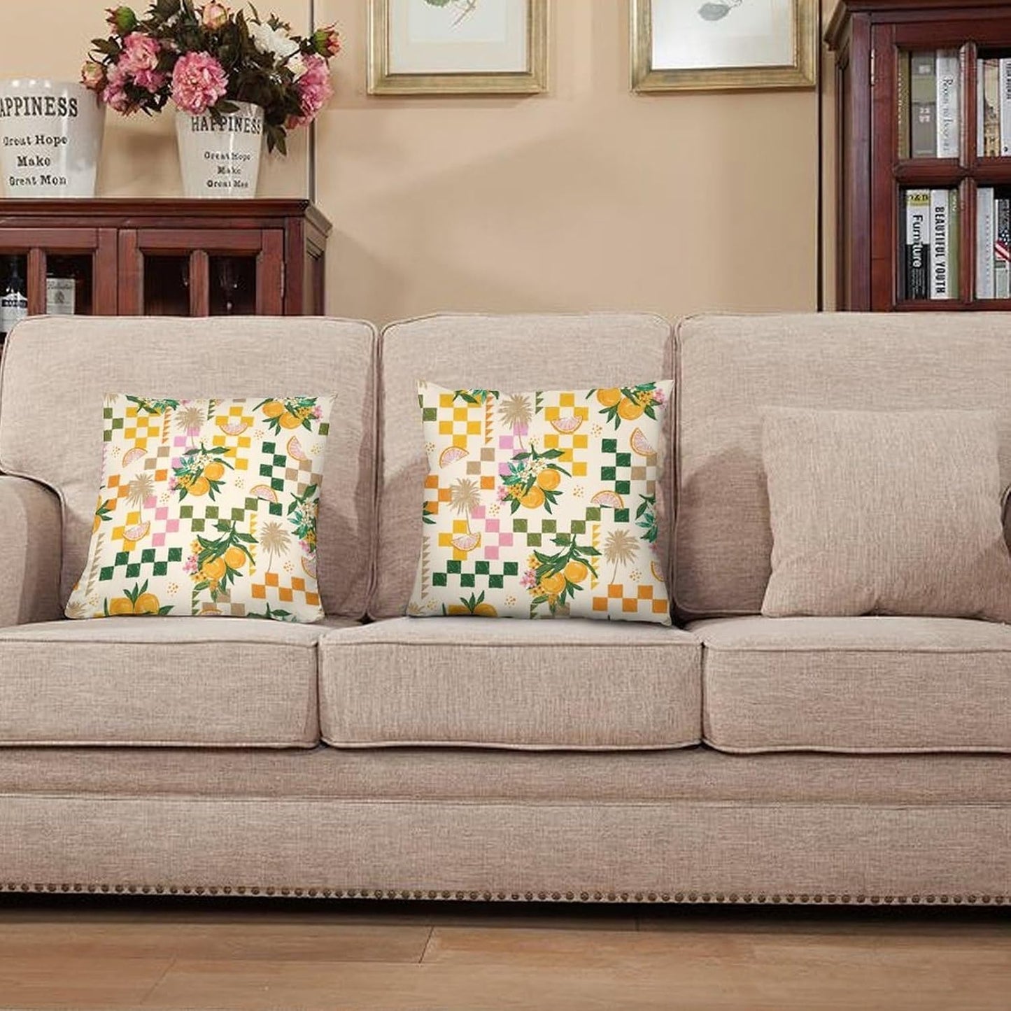 Tropical Summer Fruit Pillow Cover Set of 2 Lemon Orange Flower Palm Tree Hand Painted Home Decor for Living Room Couch Sofa Bed Aesthetic Design Linen Cushion Pillowcase 16"x16"