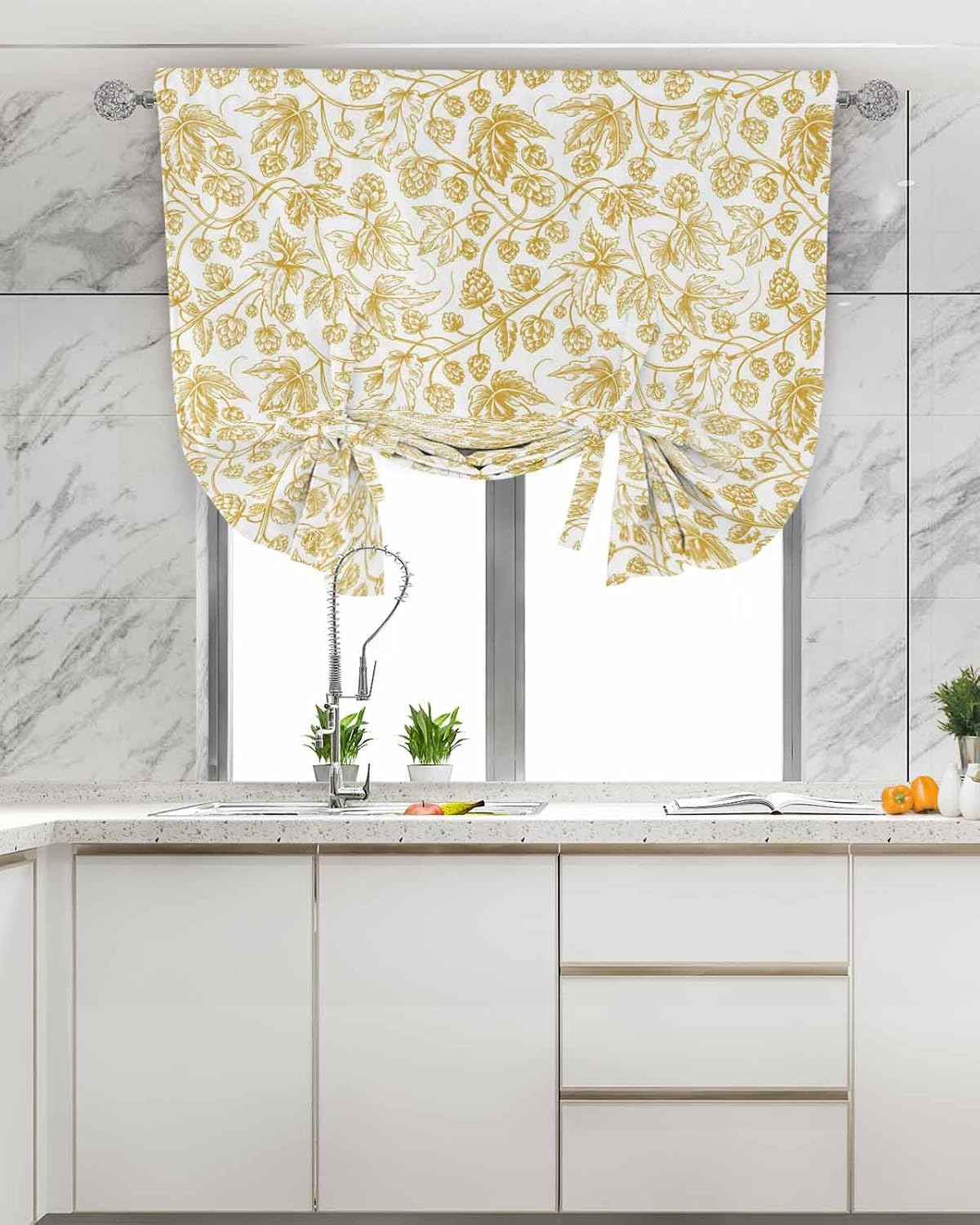 Yellow Floral Fruit Linen Tie Up Curtains Valance for Kitchen Small Window,Adjustable Living Room Bathroom Bedroom Drape Light Filtering Cafe Shade Drapery 1 Panel 42"x54" Shabby Chic Botanical Flower