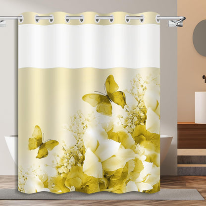 No Hook Yellow Shower Curtain with Snap in Fabric Liner Set,Nature Double Layers Waterproof Fabric,Flowers and Butterfly Shower Curtains for Bathroom Clearance 71x74