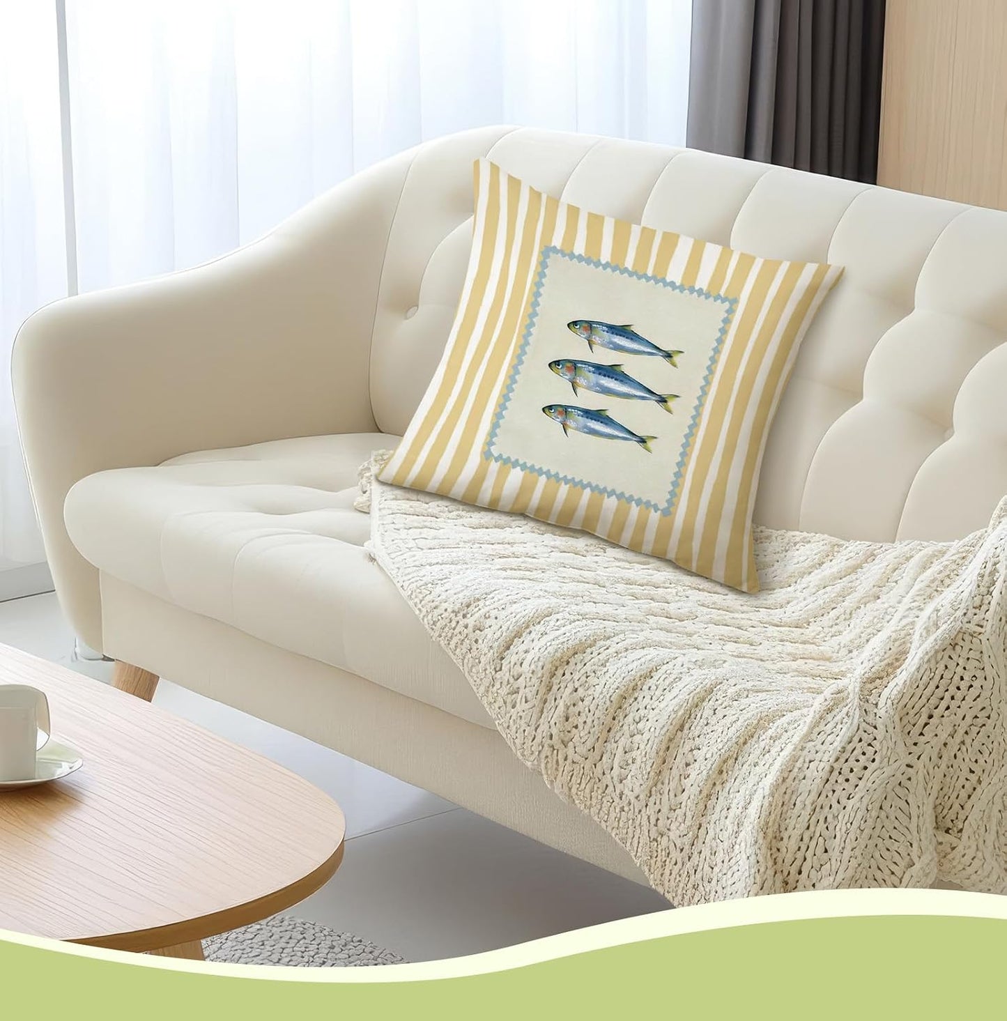 Coastal Beach Sardine Fish 18x18 Pillow Cover, Trendy Yellow Striped Fish Fishing Summer Decorative Throw Pillow Cover for Home Bedroom Living Room