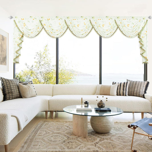 Leeva Extra Wide Sheer Valance for Windows, Yellow Flower Print Waterfall Valance with Bead Tassels, Voile Window Curtains for Living Room Decor, 138" x 43"