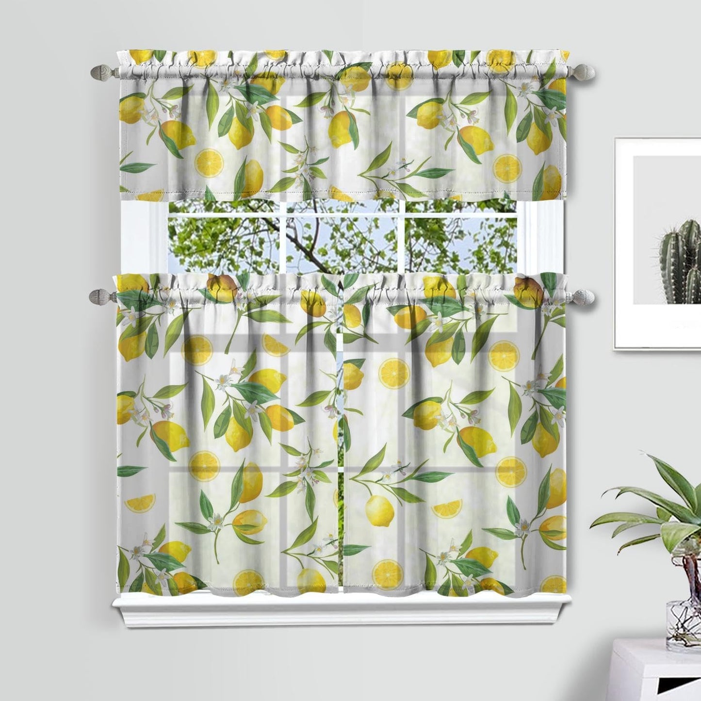 Lemon Curtains, Farmhouse Kitchen Sink Window Valance 3 Piece Set, Living Room Decor 54x36 Inches