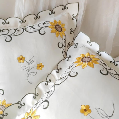 Sunflower Embroidery Throw Pillow Cover Yellow Floral Pillowcase Jacquard Ruffle Cushion Cover,French Shabby Vintage Design 18x18 Inch