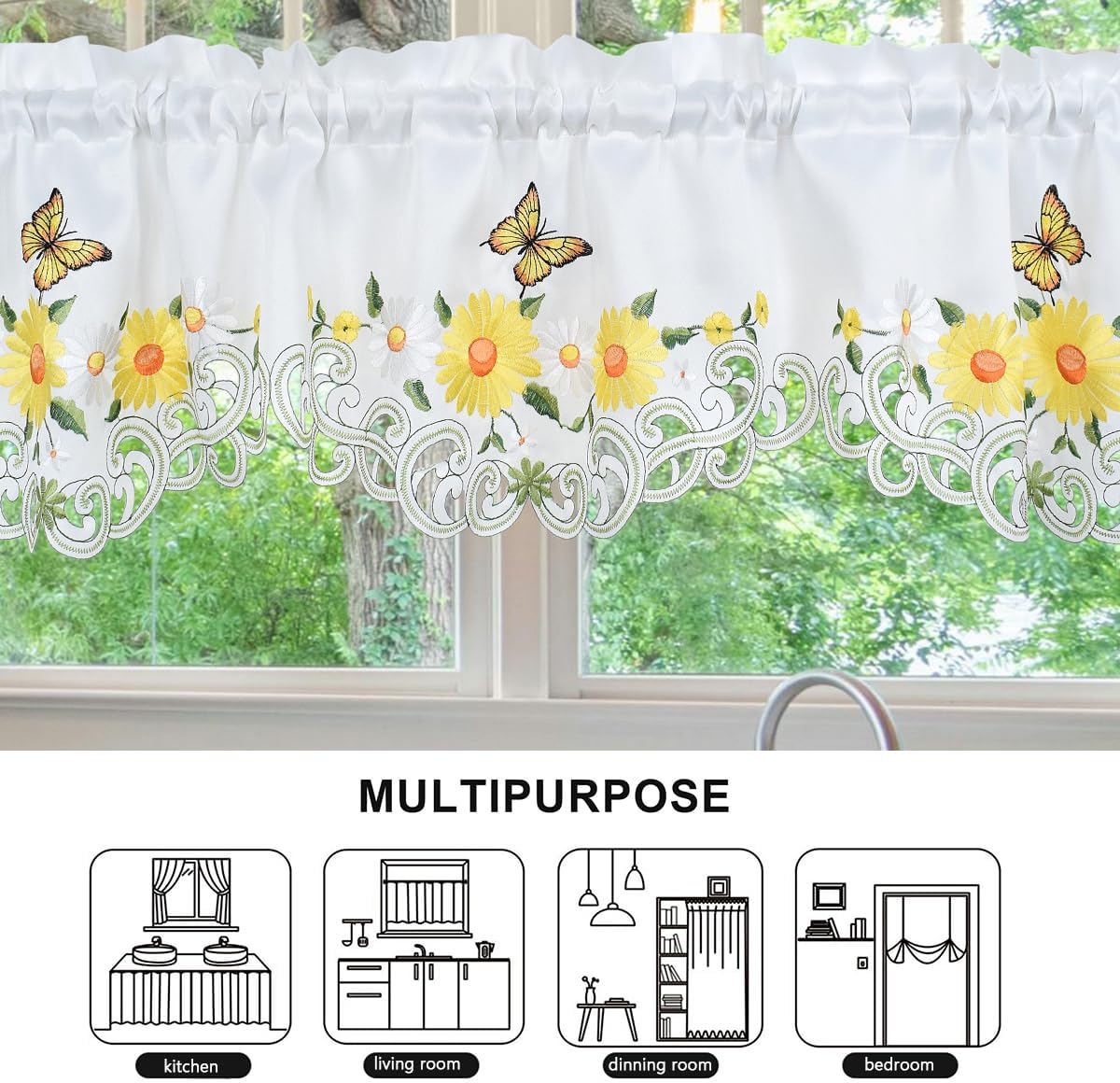 Molaxhome Beautiful Dazzling Embroidered Window Valance,Rod Pocket Valance and Tiers for Home Decor (Yellow, W58x14L)