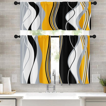 Yellow Grey White Black Kitchen Window Curtains Valance and Tier Set 36 Inch, Geometric Lines Abstract Rod Pocket Short Tier Curtain for Bathroom, Modern Small Cafe Drapes for Kitchen Decor