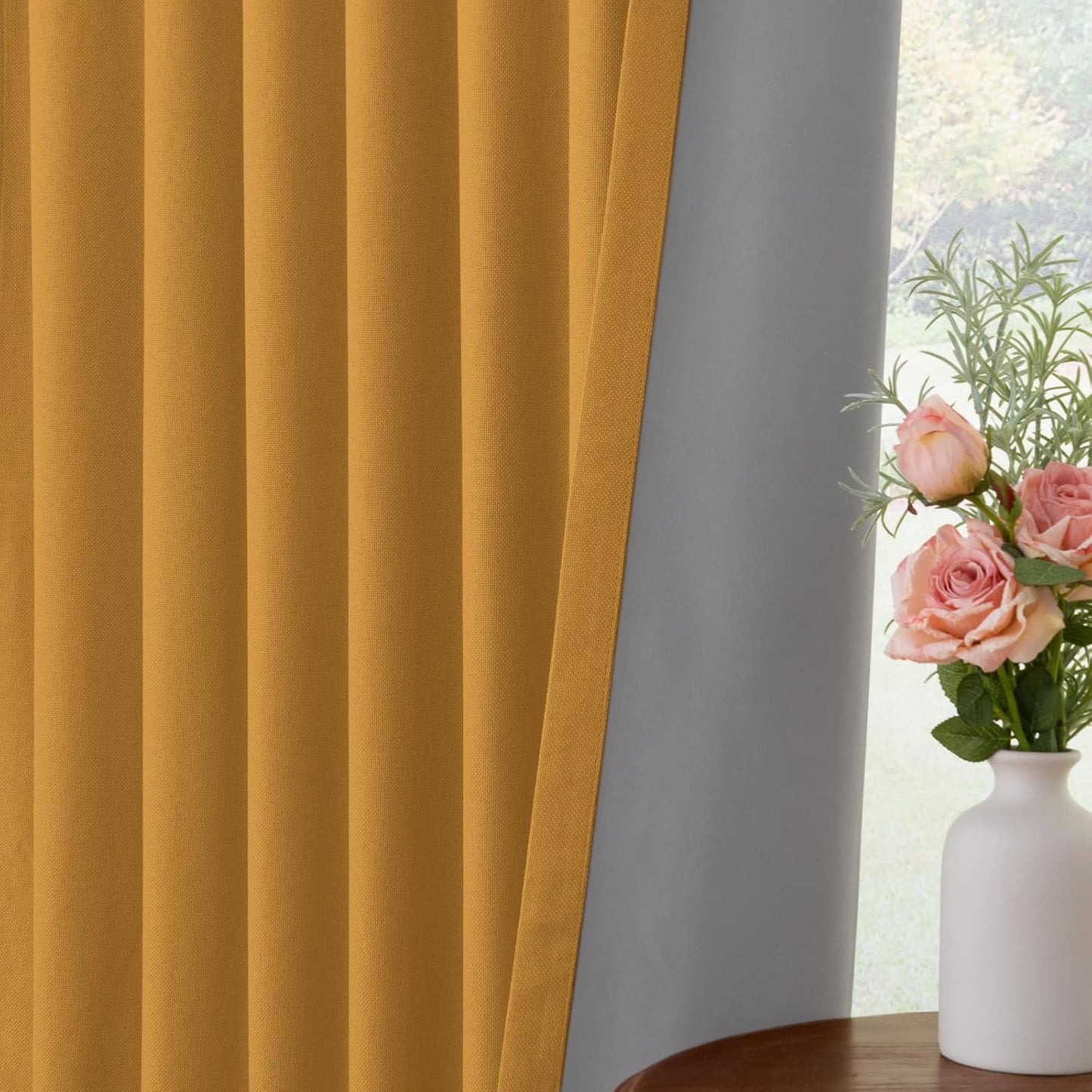 INOVADAY 100% Blackout Curtains for Bedroom, Mustard Yellow Black Out Curtains 84 Inch Long, Clip Rings Linen Blackout Drapes, Thermal Insulated Room Darkening for Living Room, 2 Panels - W50xL84