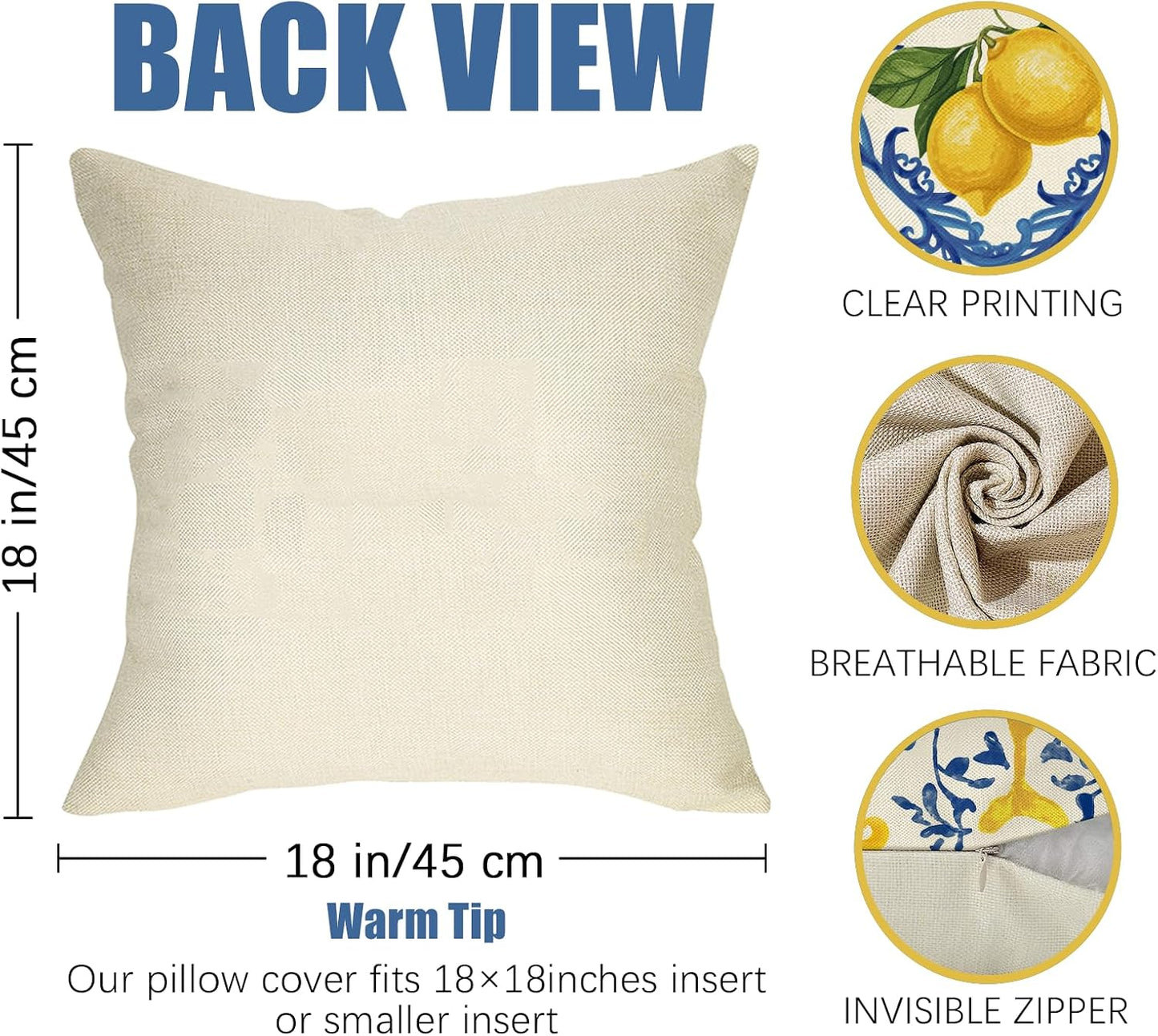 Fahrendom Blue Lemon Italy Tile Pattern Decorative Throw Pillow Covers 18 x 18 Set of 4, Amalfi Coast Italian Capri Citrus Porch Pillowcase, Summer Mediterranean Sofa Couch Cushion Case Home Decor