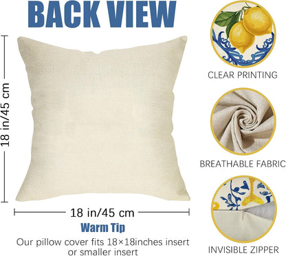 Fahrendom Blue Lemon Italy Tile Pattern Decorative Throw Pillow Covers 18 x 18 Set of 4, Amalfi Coast Italian Capri Citrus Porch Pillowcase, Summer Mediterranean Sofa Couch Cushion Case Home Decor