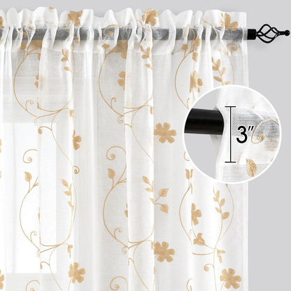 HOMEIDEAS Yellow Sheer Curtains 84 Inches Long 2 Panels Yellow and White Embroidered Floral Pattern Semi Sheer Window Curtains for Bedroom Living Room