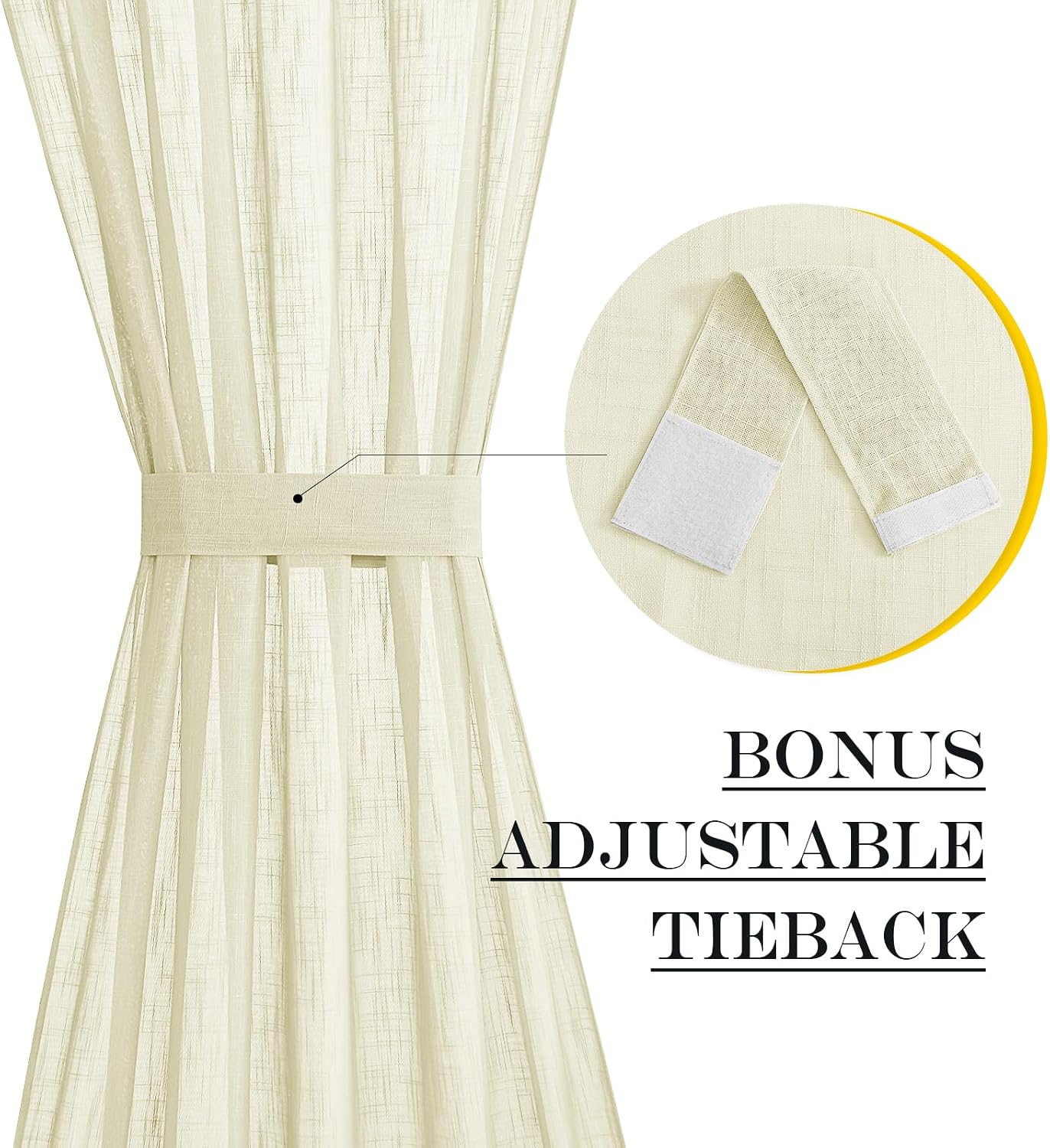 NICETOWN French Sheer Door Panel - Translucent Privacy Sheer with Light Filter Linen Look Textured French Door Curtains (52 inches Width by 40 inches Long, 1 Panel with Tieback, Yellow)
