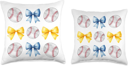 Baseballs & Light Blue Yellow Bows Tee Ball Mom School Pride Throw Pillow