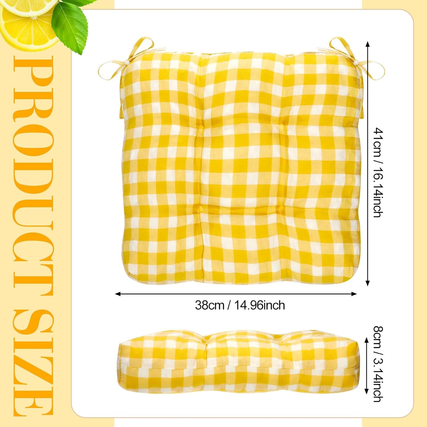 Geetery 4 Pack Chair Cushions for Dining Chairs, 16" x 15" Lemon Yellow Kitchen Chair Cushions with Ties Buffalo Plaid Soft Comfy Seat Pads for Home Office Living Room Outdoor Indoor