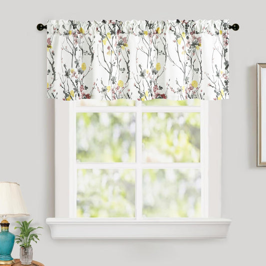 Leeva Yellow Flower Printing Valance Curtains for Bedroom, 60x18 Inches Light Filtering Decorative Small Drapery for Living Room, Rod Pocket Kitchen Valances for Windows, 1 Piece