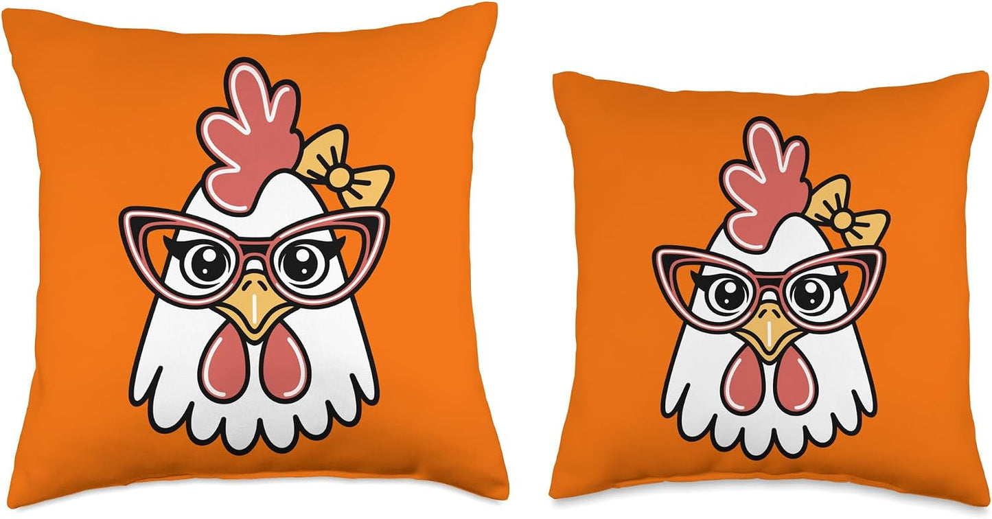 Cute Chicken Face with Glasses and Yellow Bow Throw Pillow